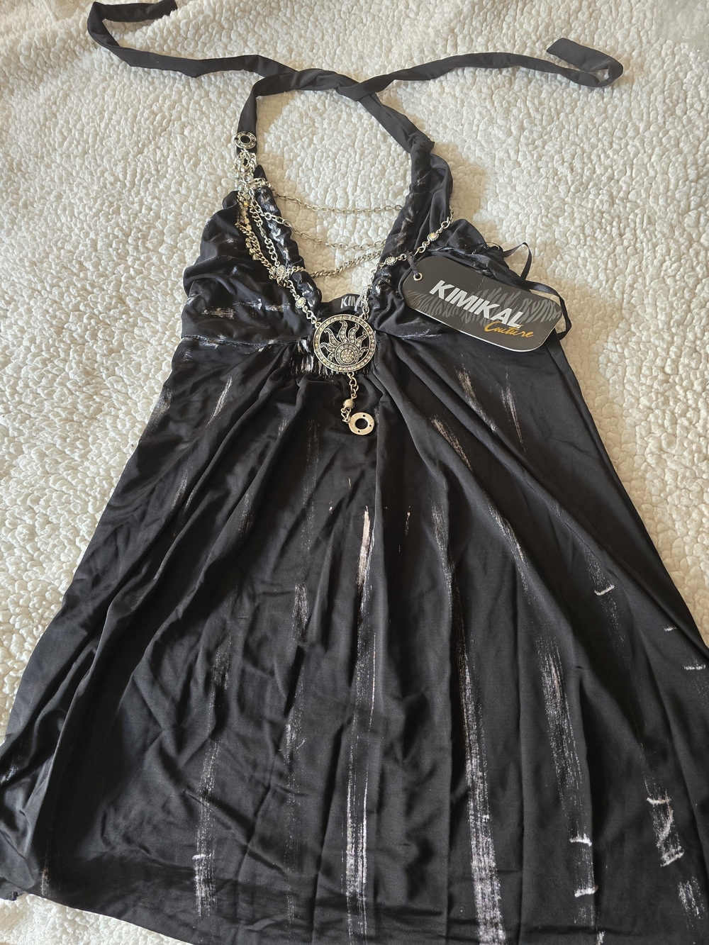 Kimikai Couture Black Halter Mini Dress with Silver Chain Detail